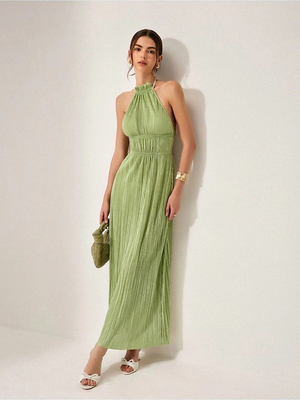Commense Pleated Halter Backless Dress